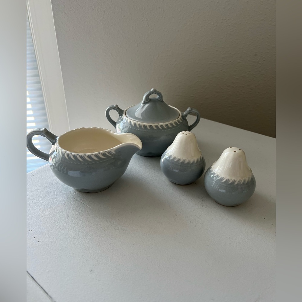 Vintage Harker Ware Pottery Cream Sugar Salt Pepper Shakers Set | Gray